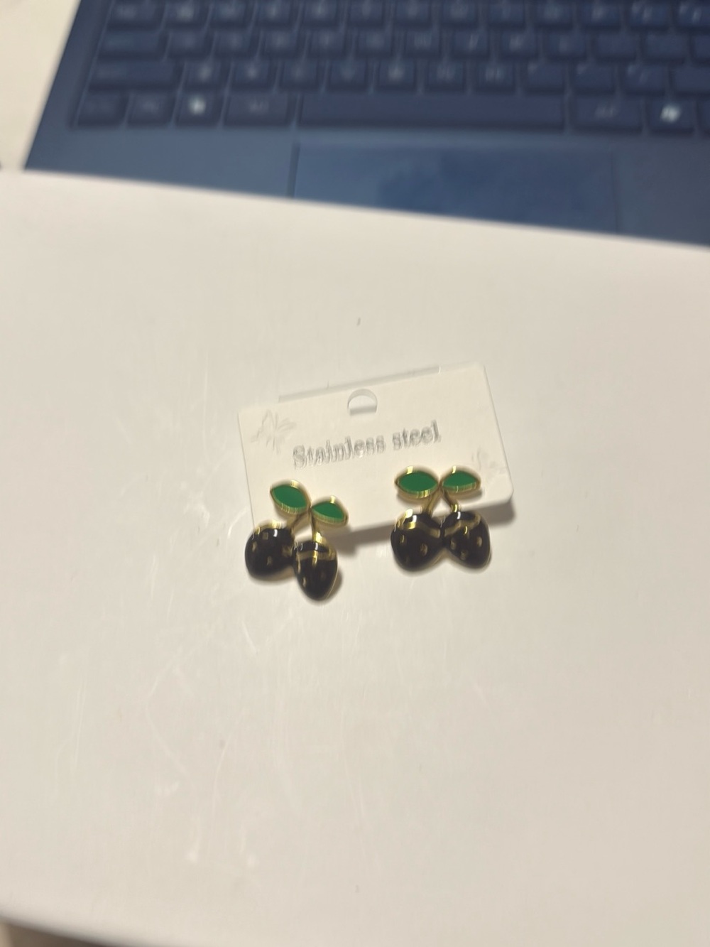Stainless Steel Cherry Drop Earrings - Green Leaves